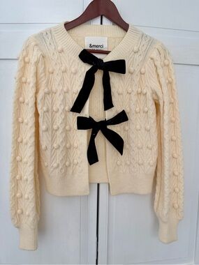 Cream Knit Cardigan with Black Velvet Bows